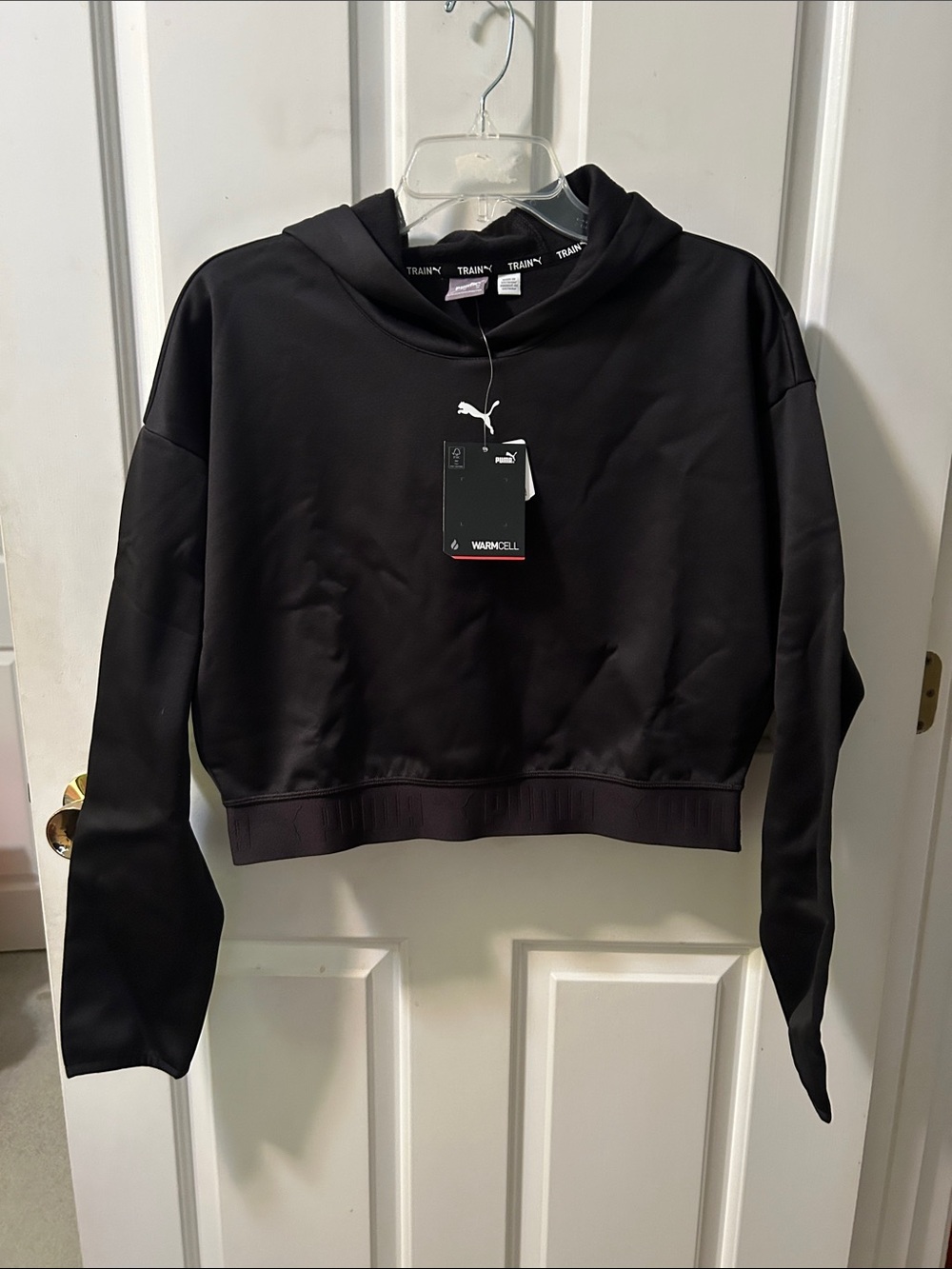 Puma Black Cropped Pullover Hoodie warm cell size m logo on waist New